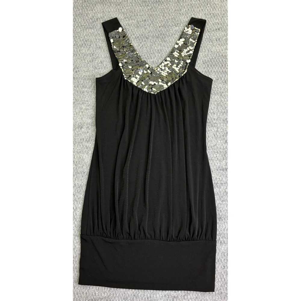 California Girlz Black Silver Sequin Blouson Mini Dress Women's L Made USA